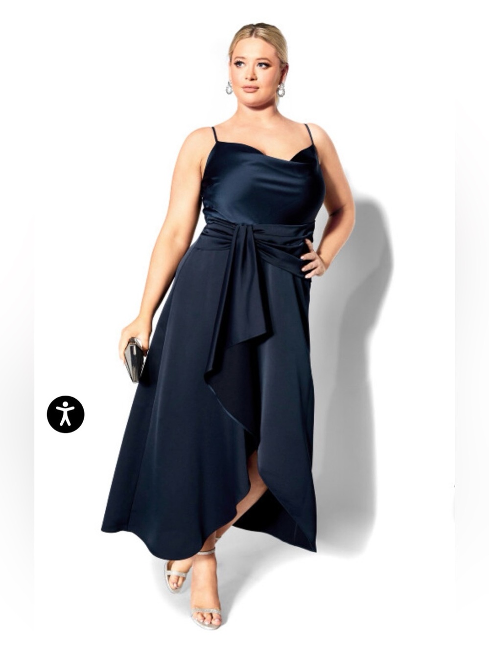 City Chic Teal Satin Cowl Neck Slip Dress with Draped Waist